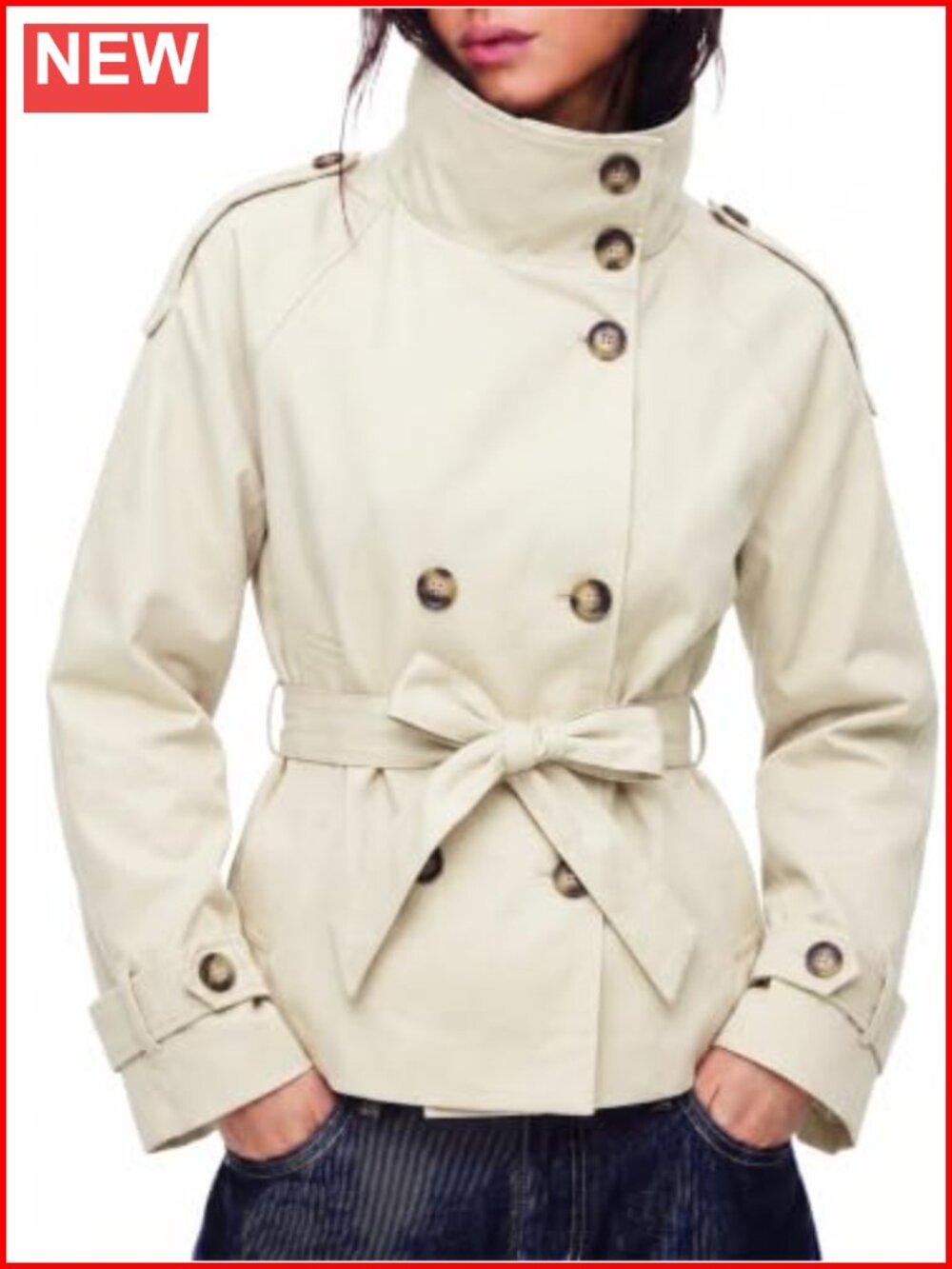 Cropped Trench Coat Double Breasted High Neck Belted Jacket